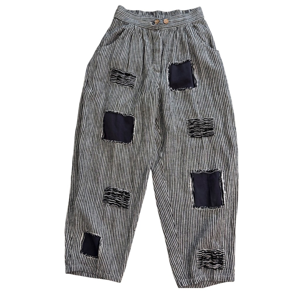 Paper Lace Black White Striped 100% Linen Patchwork Boho Tapered Pants S